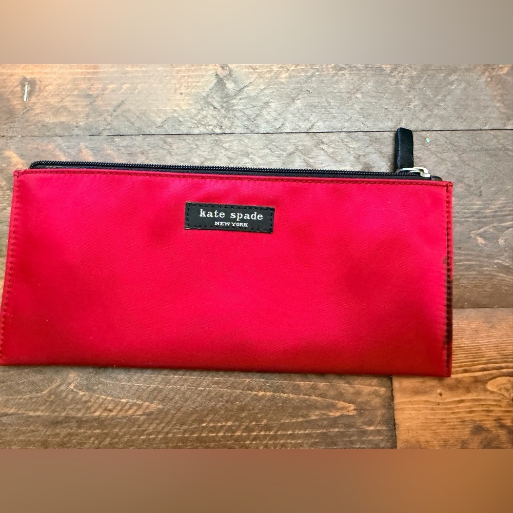 Red Black canvas Kate Spade zip pencil makeup travel  pouch GUC